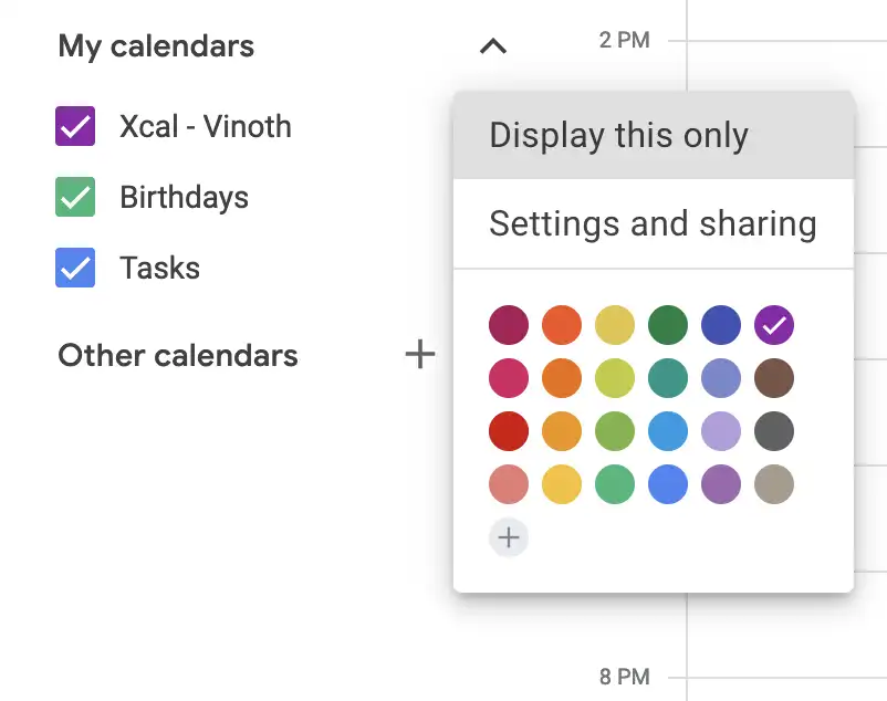 Google Calendar Import and Export settings panel