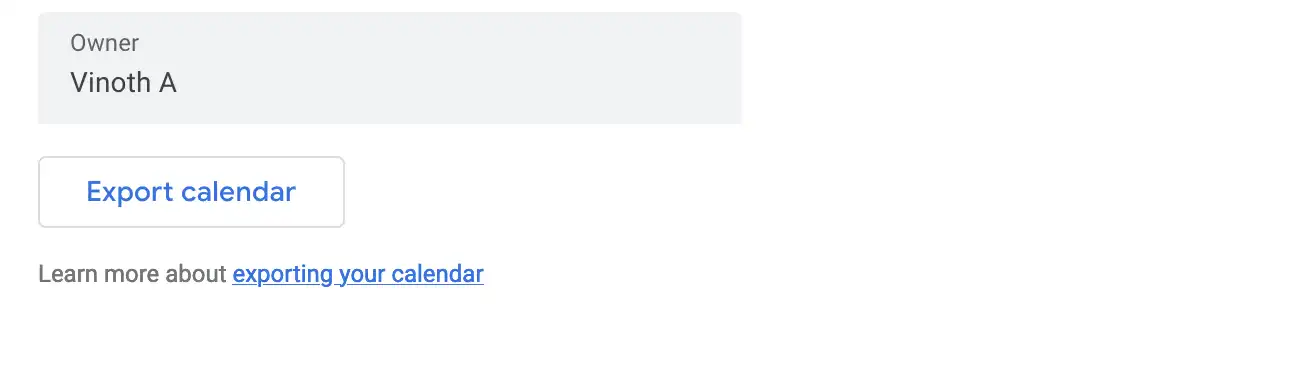 Google Calendar settings showing the Export calendar section