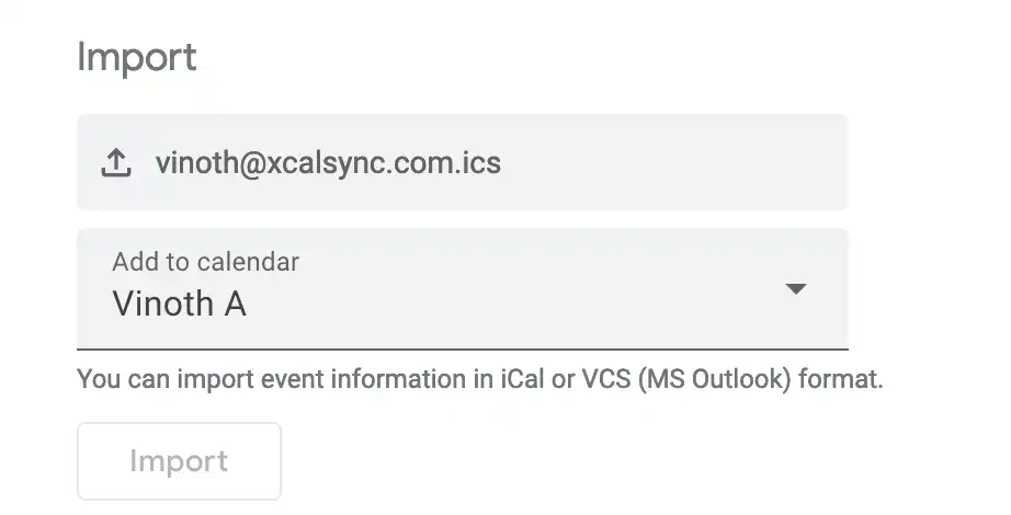 Google Calendar import dialog with file selected and destination calendar picker