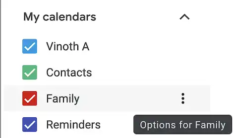 Google Calendar three-dot menu showing Settings and sharing option