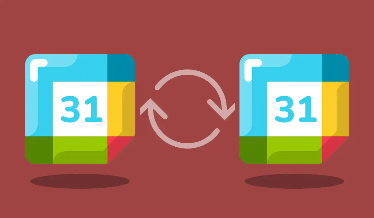Two Google Calendar logos merging into one combined calendar via a sync arrow