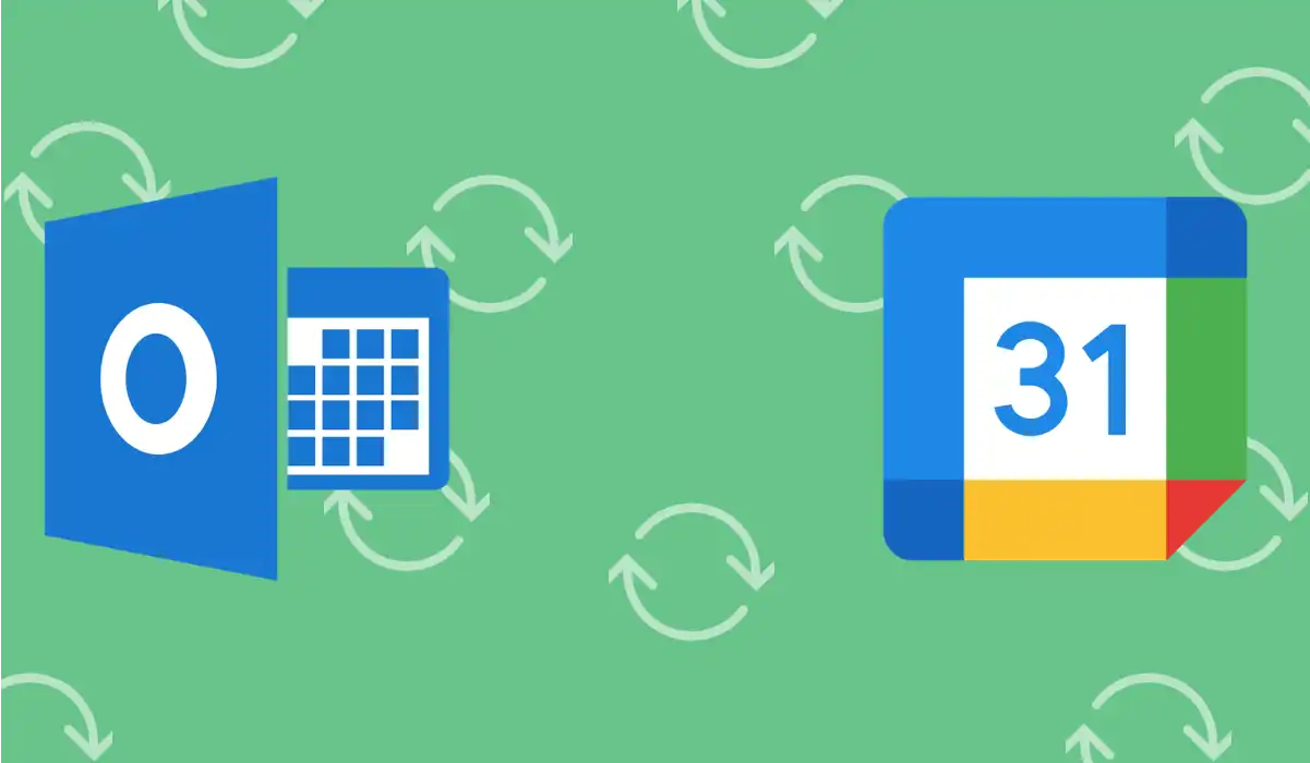 Outlook and Google Calendar logos joined by a sync arrow, illustrating calendar synchronization