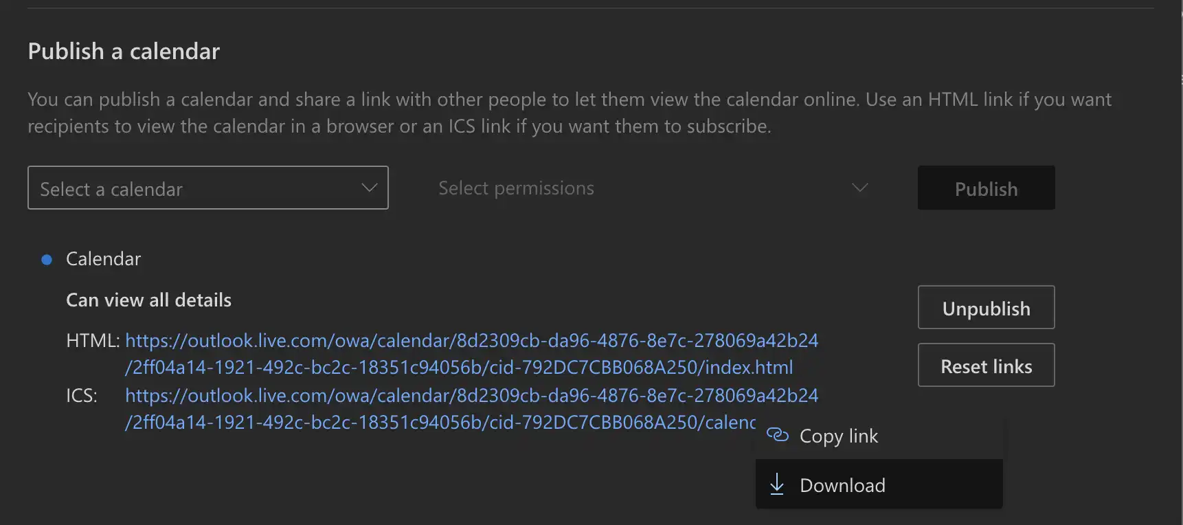 Outlook generated calendar links with ICS download option