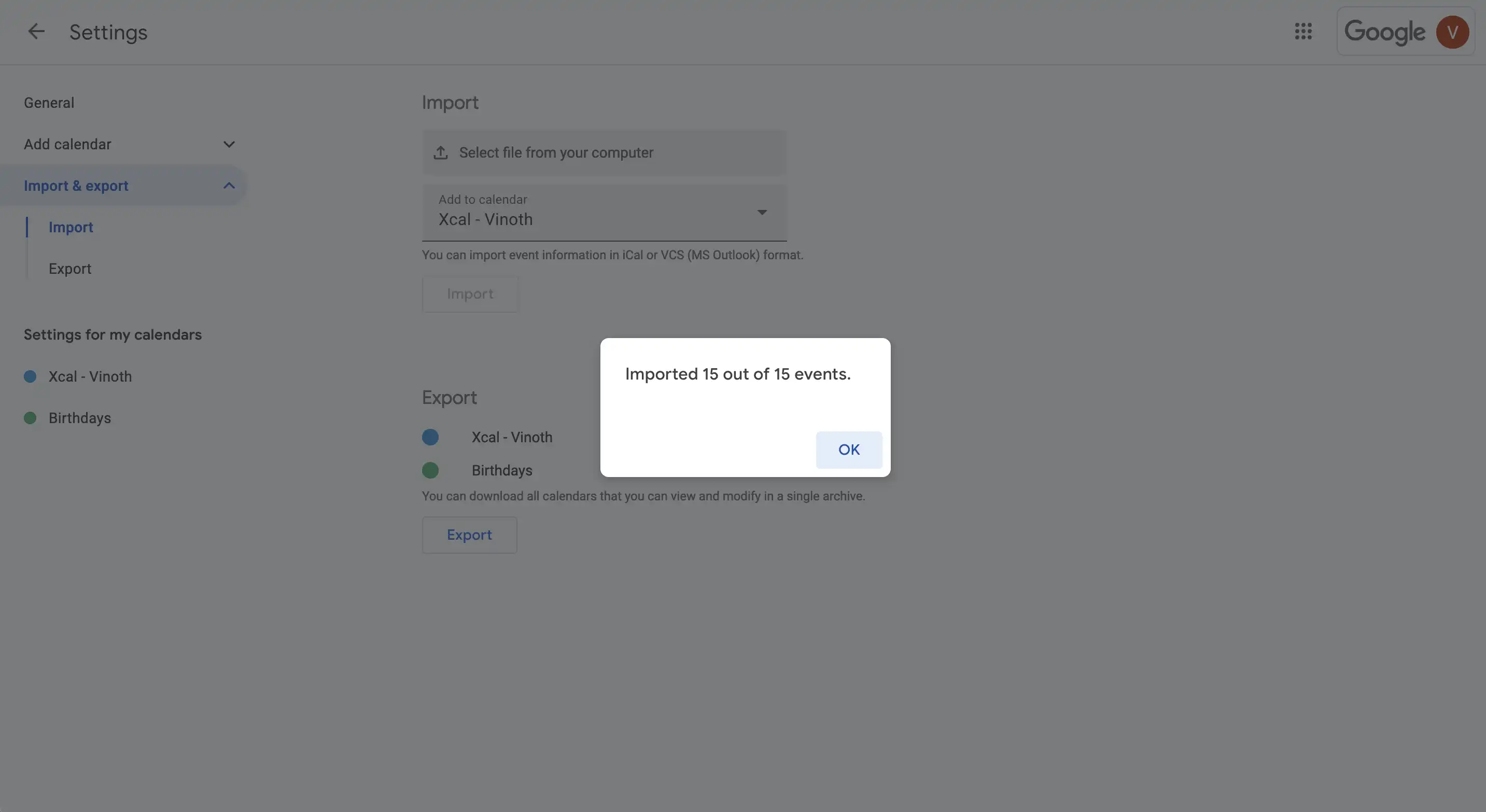Google Calendar showing successful import confirmation message