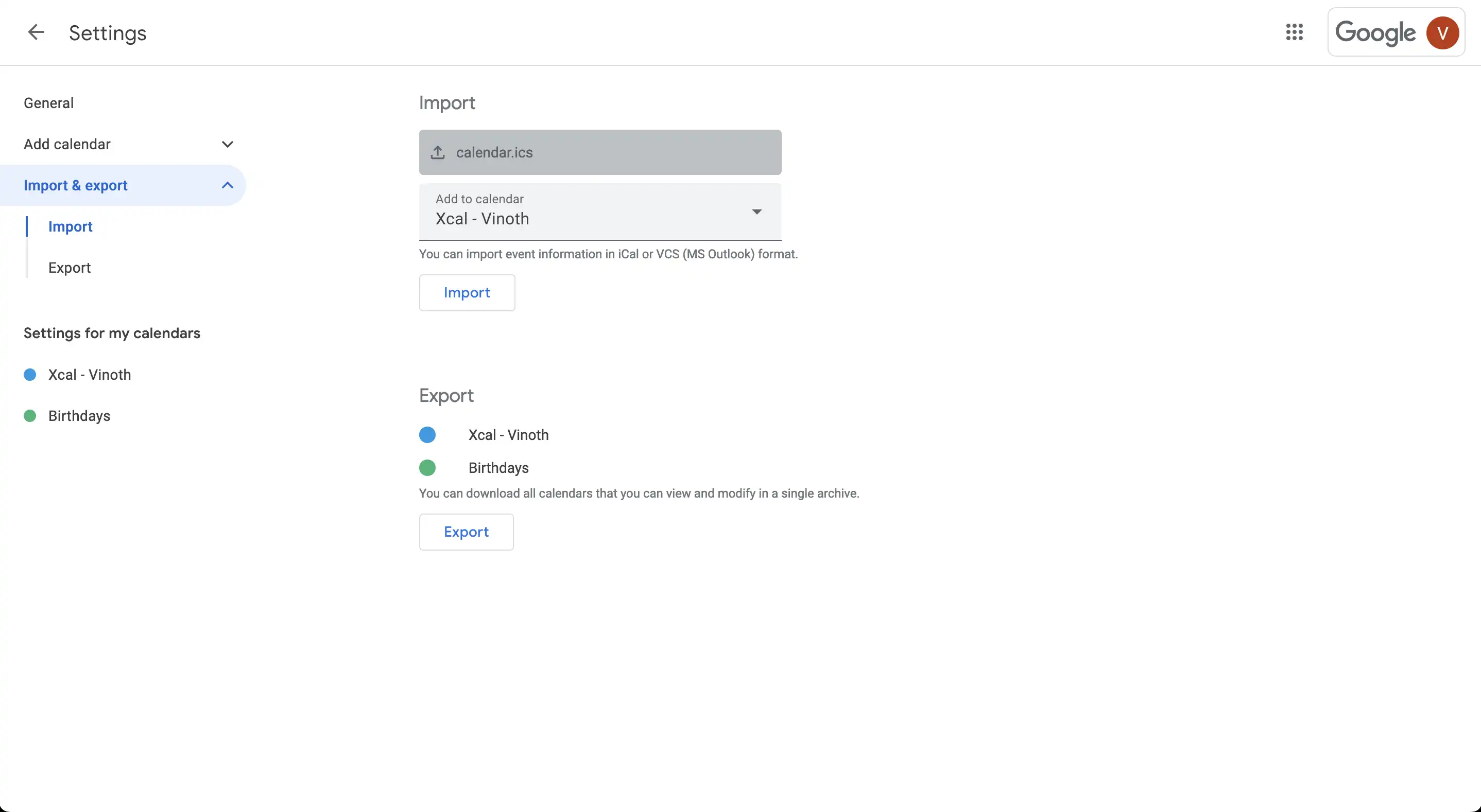 Google Calendar import dialog with .ics file selected and destination calendar chosen