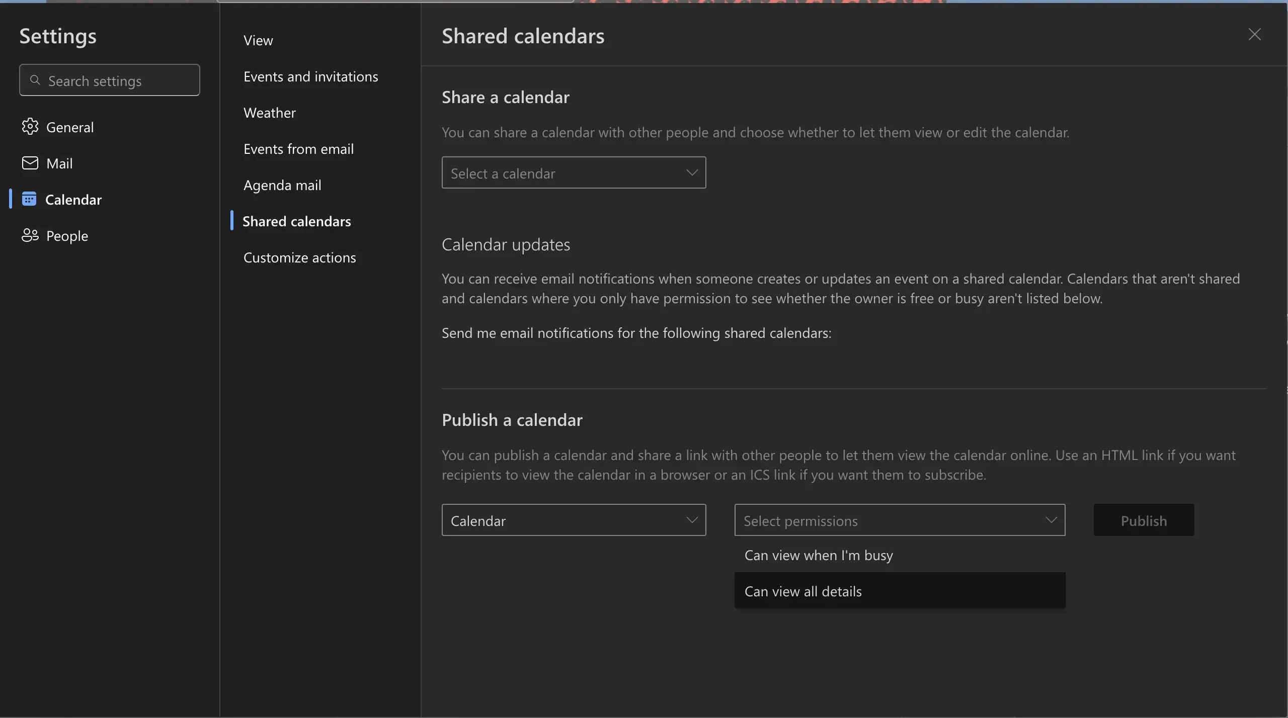 Outlook Shared calendars settings showing Publish a calendar section