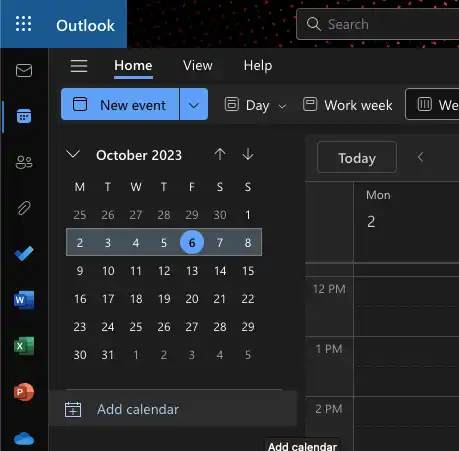 Outlook sidebar Add calendar button above My calendars