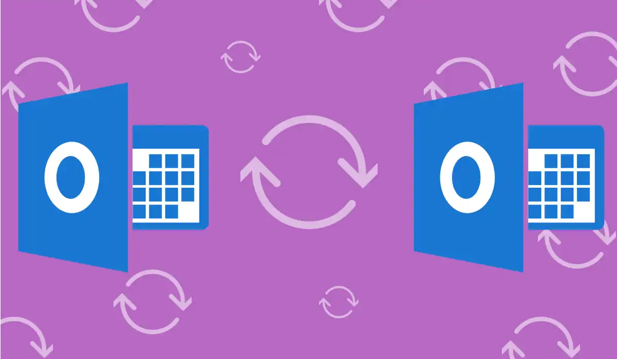 Two Outlook calendar logos joining via a sync arrow, illustrating multiple Outlook calendar synchronization