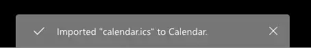 Outlook calendar showing successful import confirmation