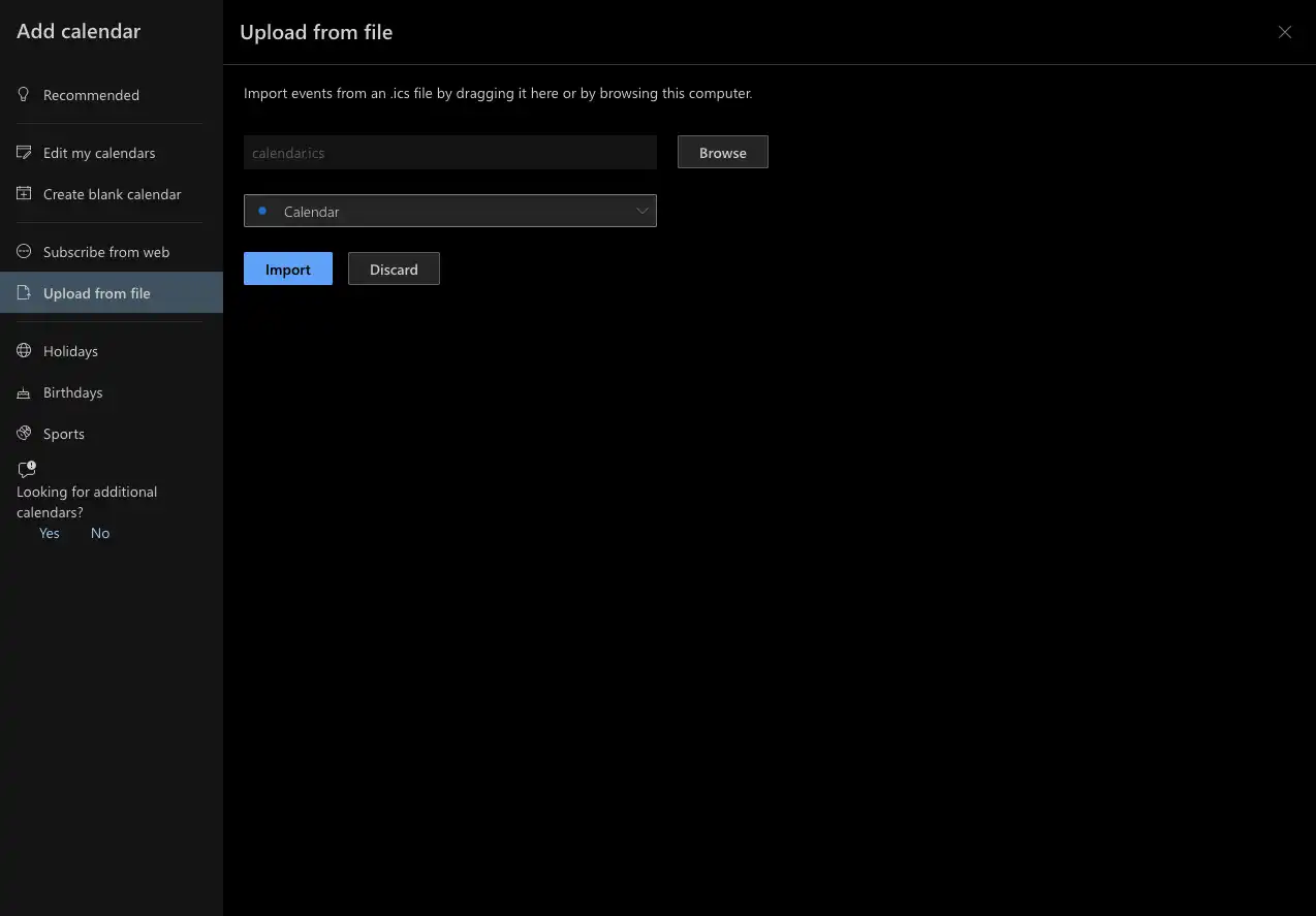Outlook upload dialog with .ics file selected and target calendar dropdown